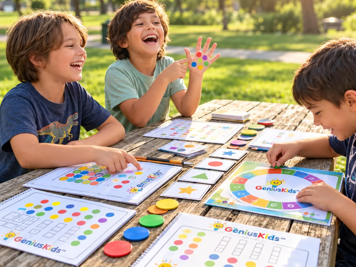 Three kids laughing while doing printed activity sheets outdoors