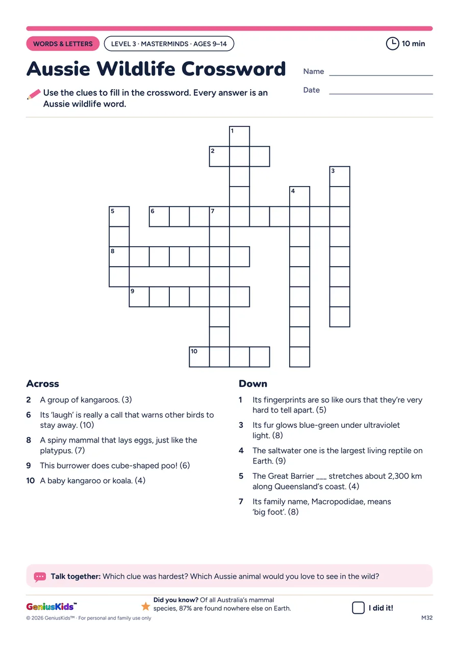 Aussie Wildlife Crossword activity sheet, Masterminds level