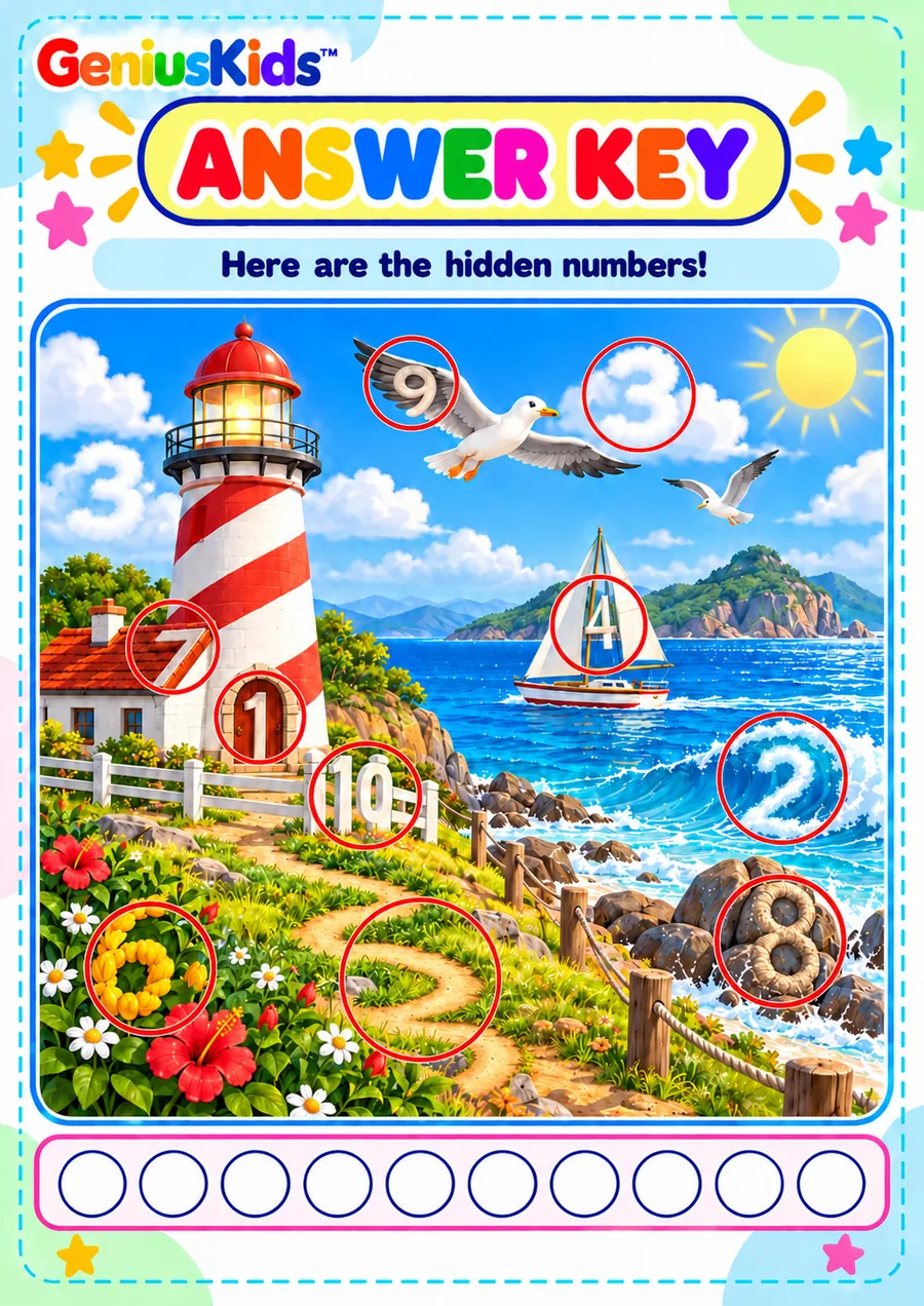 Sample page: "Hidden numbers answer key: lighthouse"