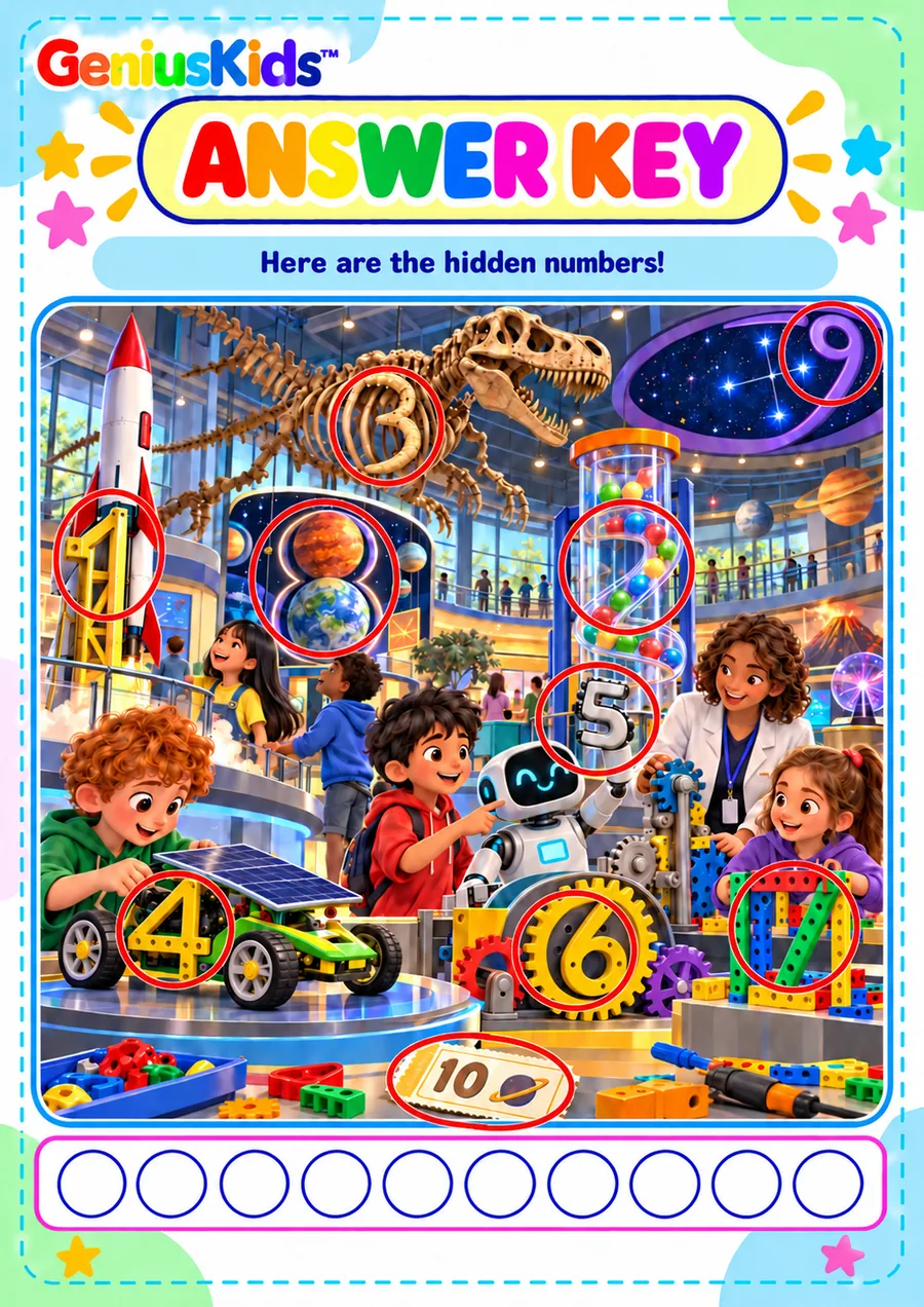 Sample page: "Hidden numbers answer key: science centre"