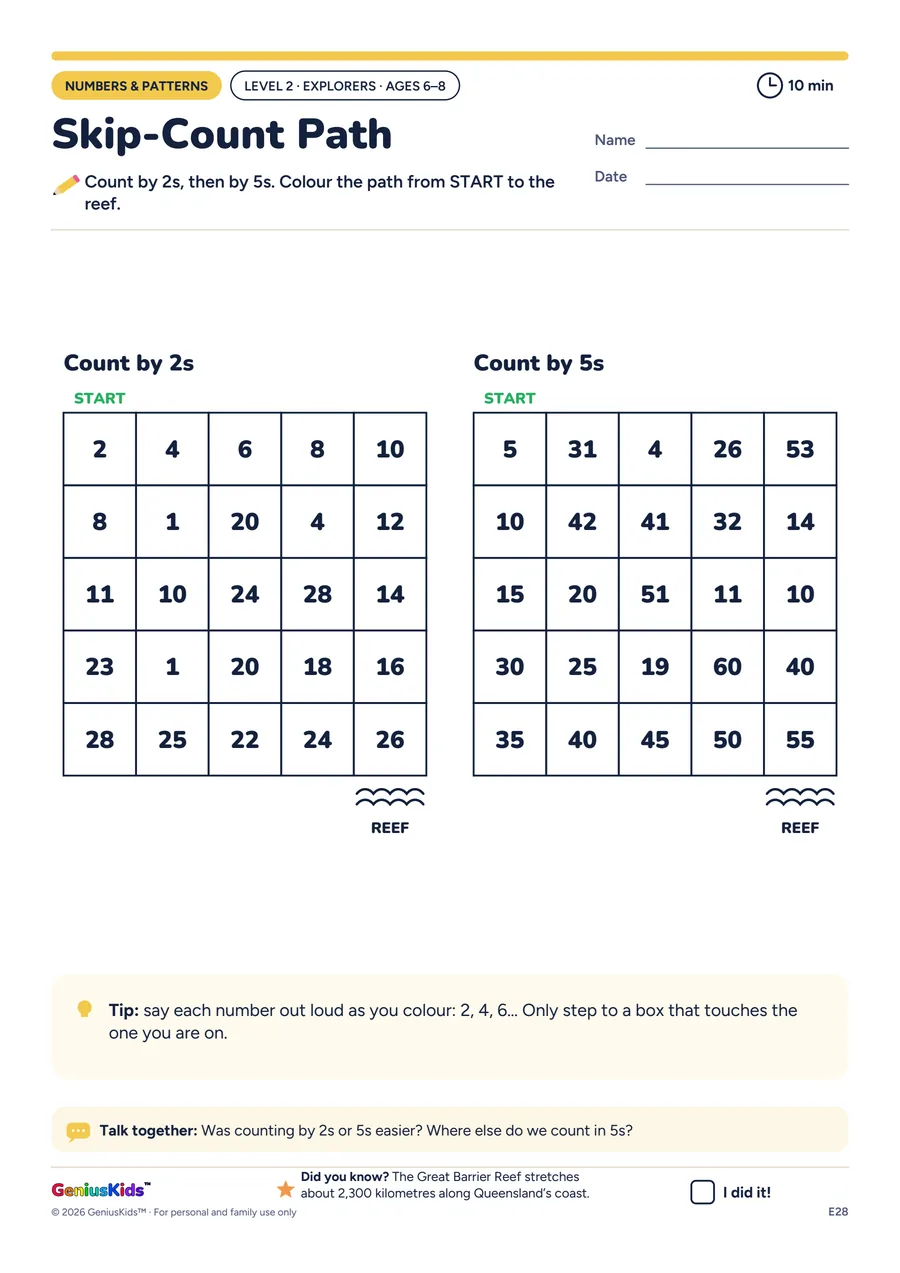 Skip-Count Path activity sheet, Explorers level