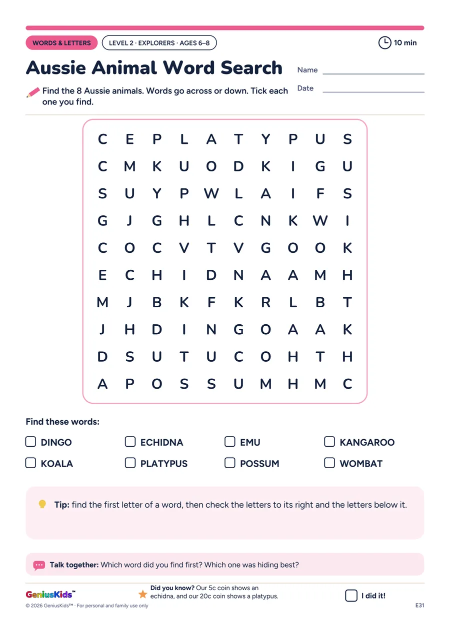 Aussie Animal Word Search activity sheet, Explorers level
