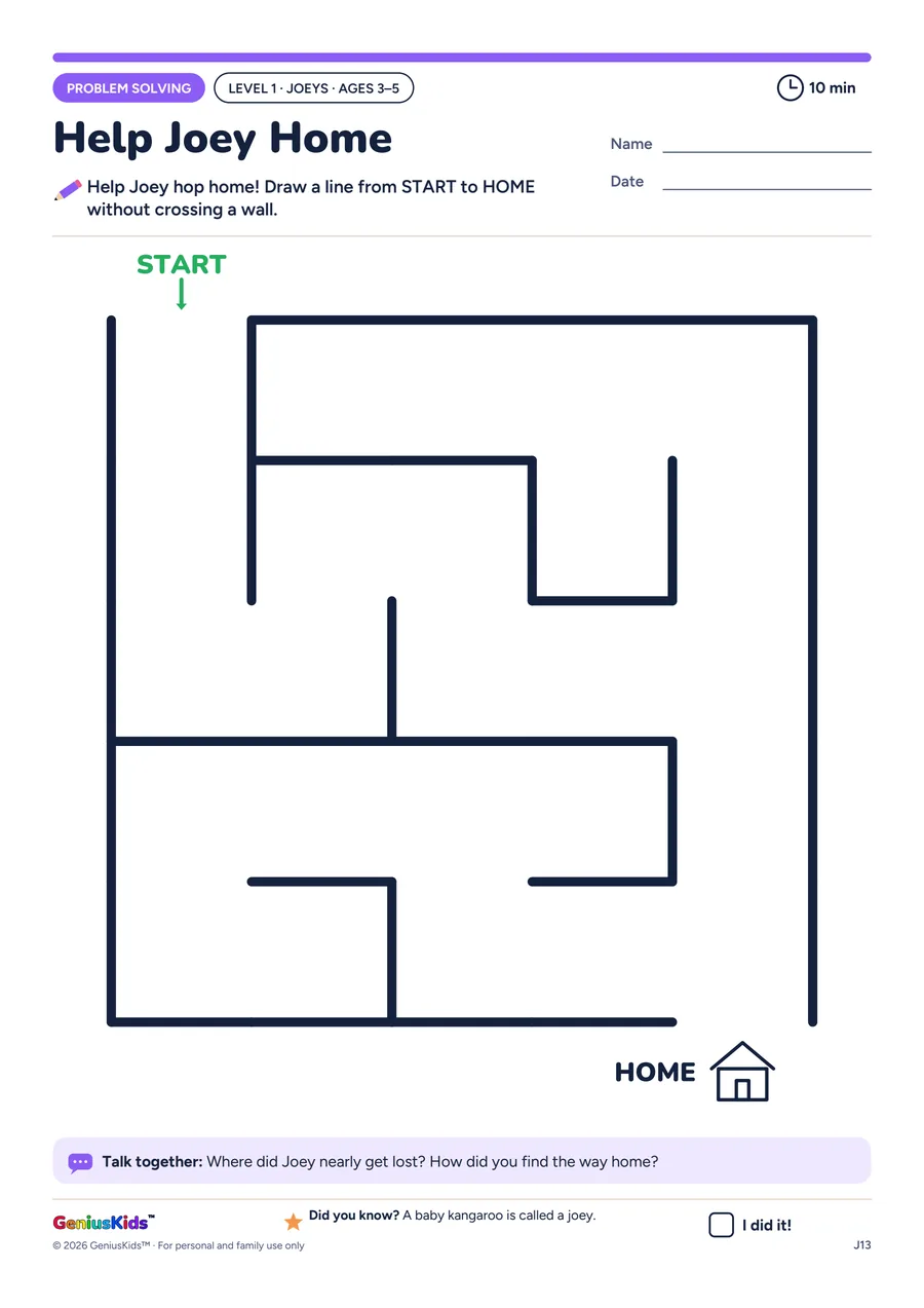 Help Joey Home activity sheet, Joeys level