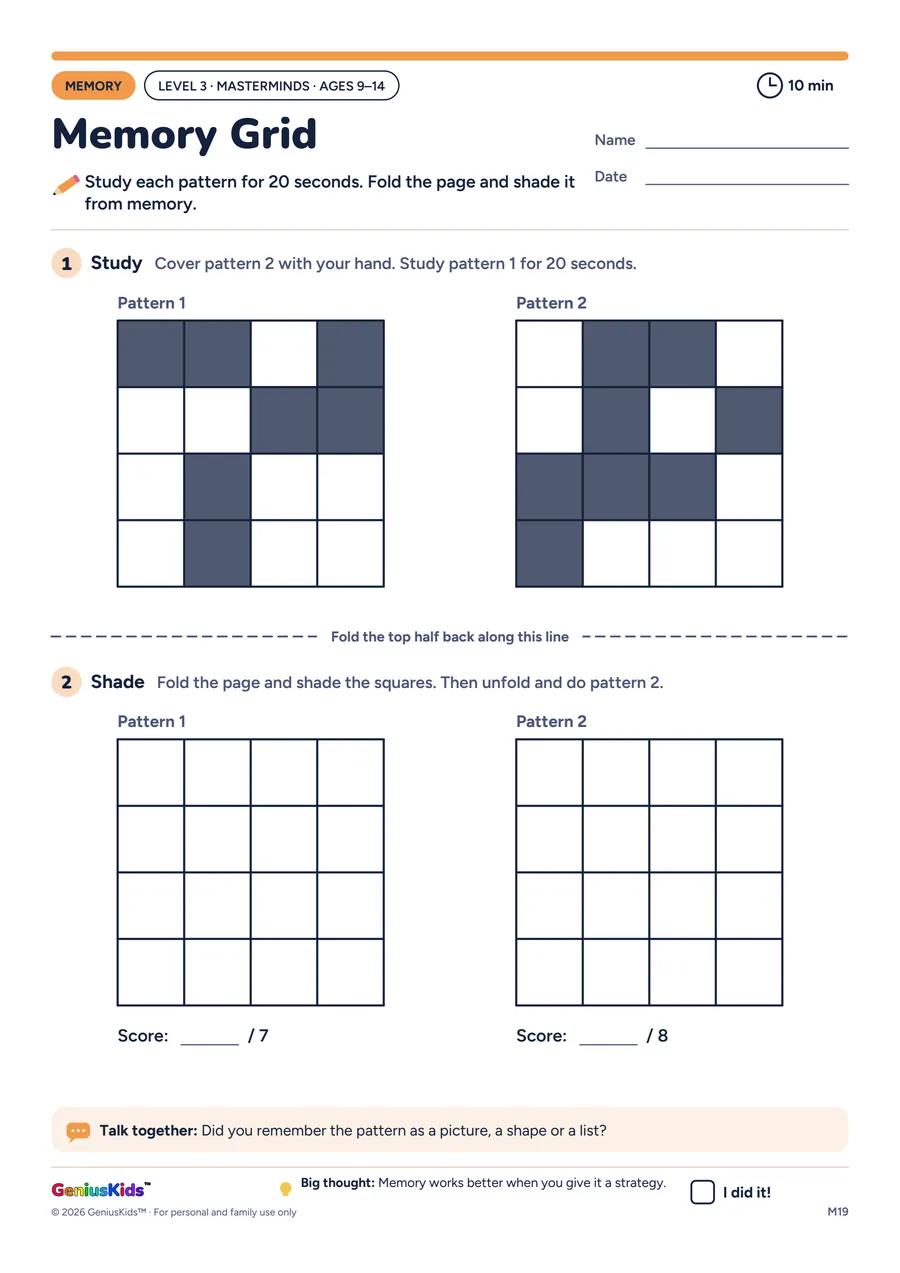 Memory Grid activity sheet, Masterminds level