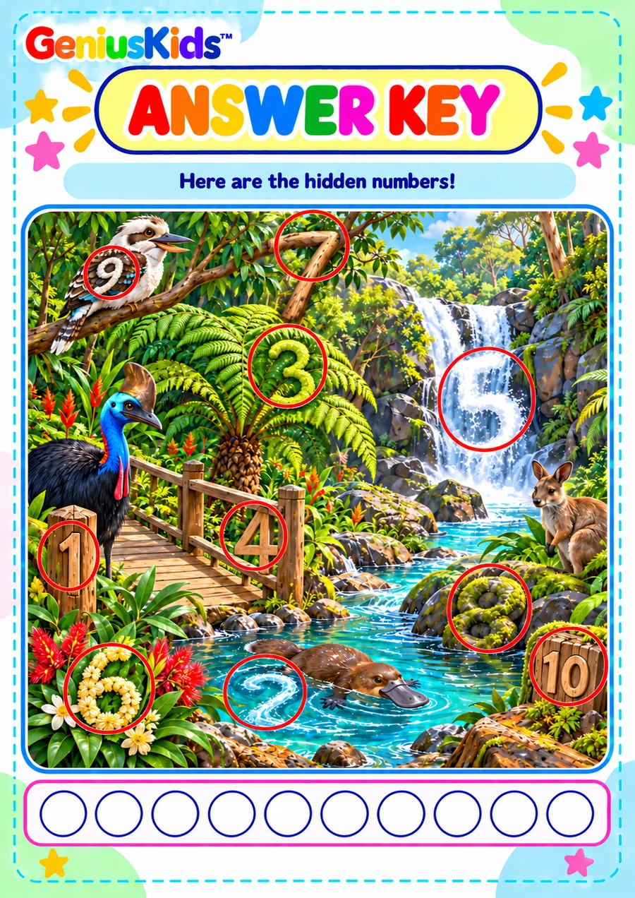 Sample page: "Hidden numbers answer key: rainforest"