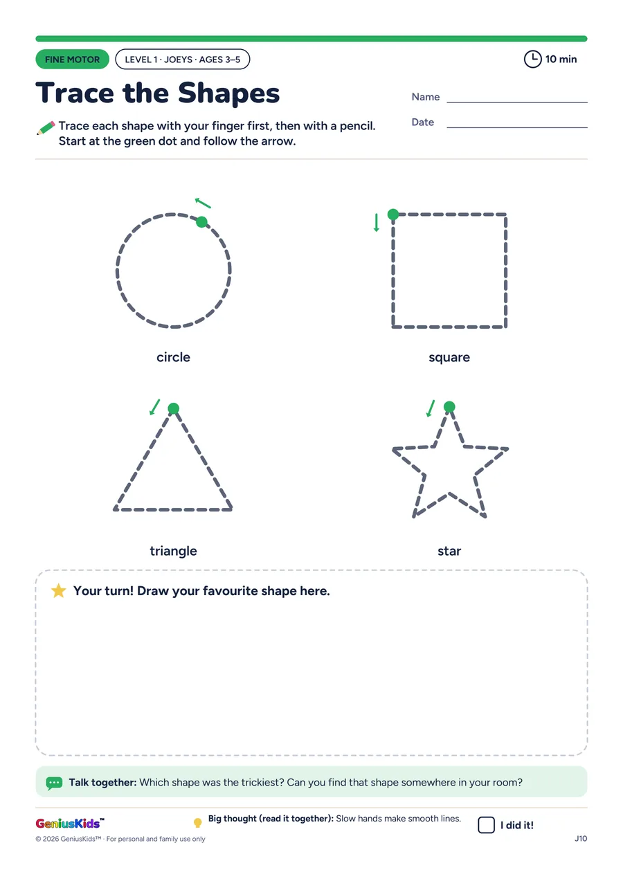 Trace the Shapes activity sheet, Joeys level