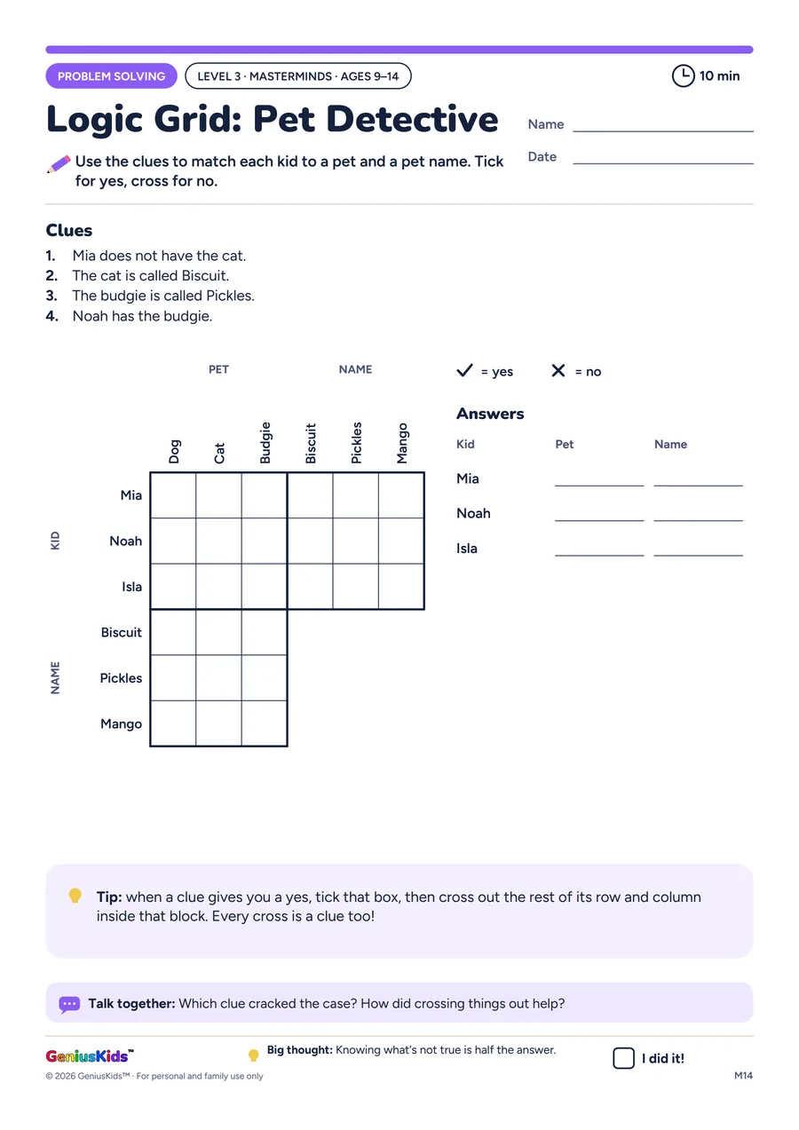 Logic Grid: Pet Detective activity sheet, Masterminds level