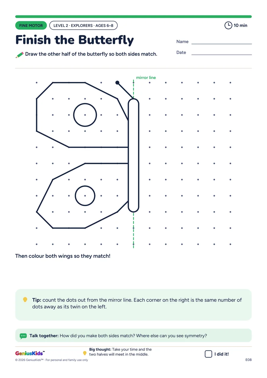 Finish the Butterfly activity sheet, Explorers level