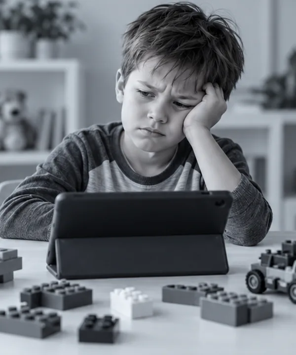A bored boy alone in front of a tablet