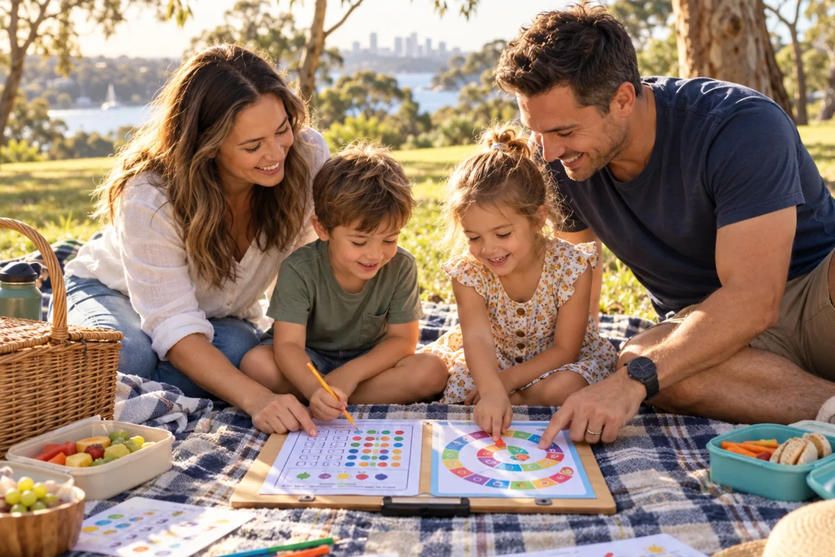 A family doing printed activity sheets together on a picnic rug