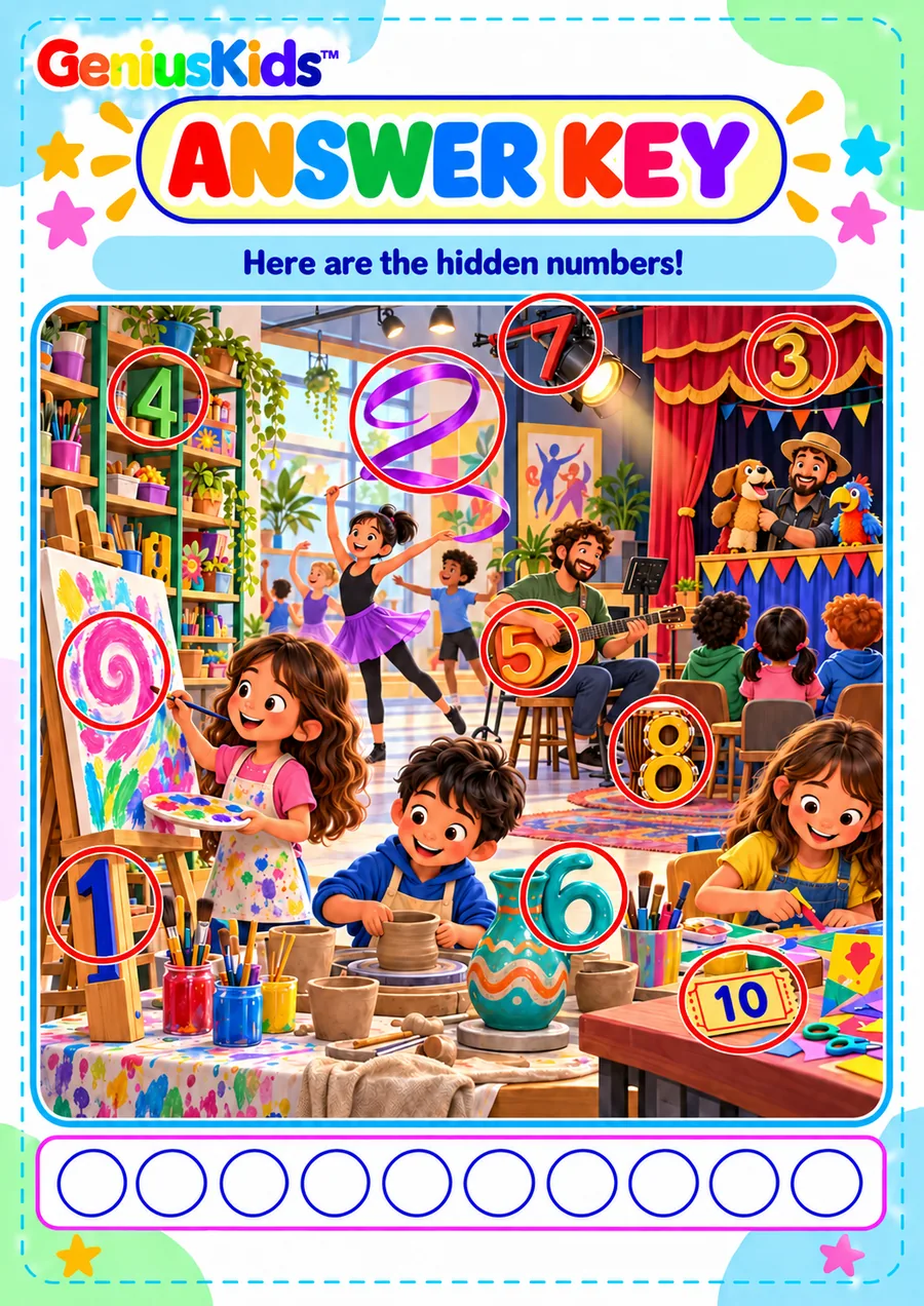 Sample page: "Hidden numbers answer key: arts studio"