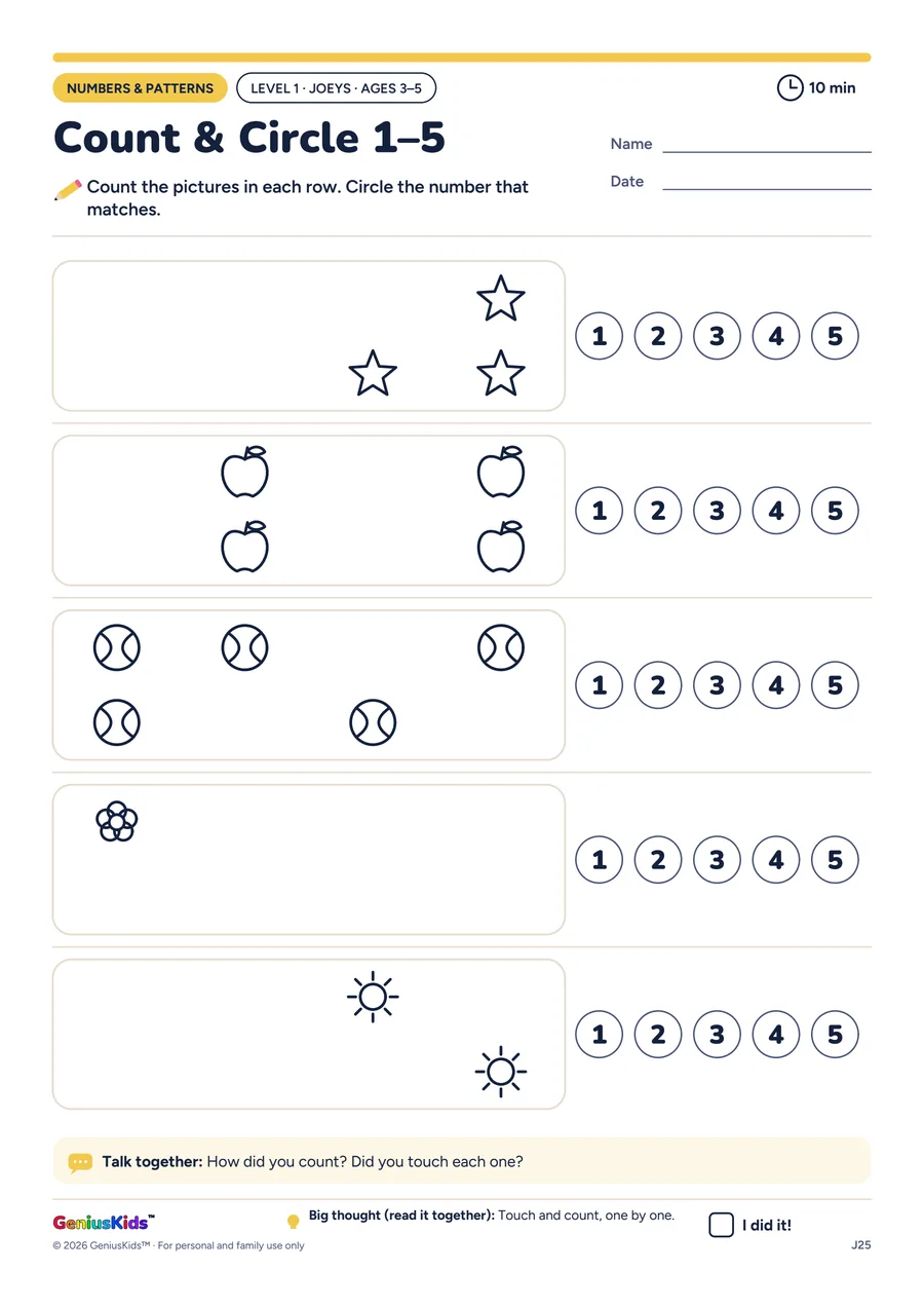 Count & Circle 1–5 activity sheet, Joeys level